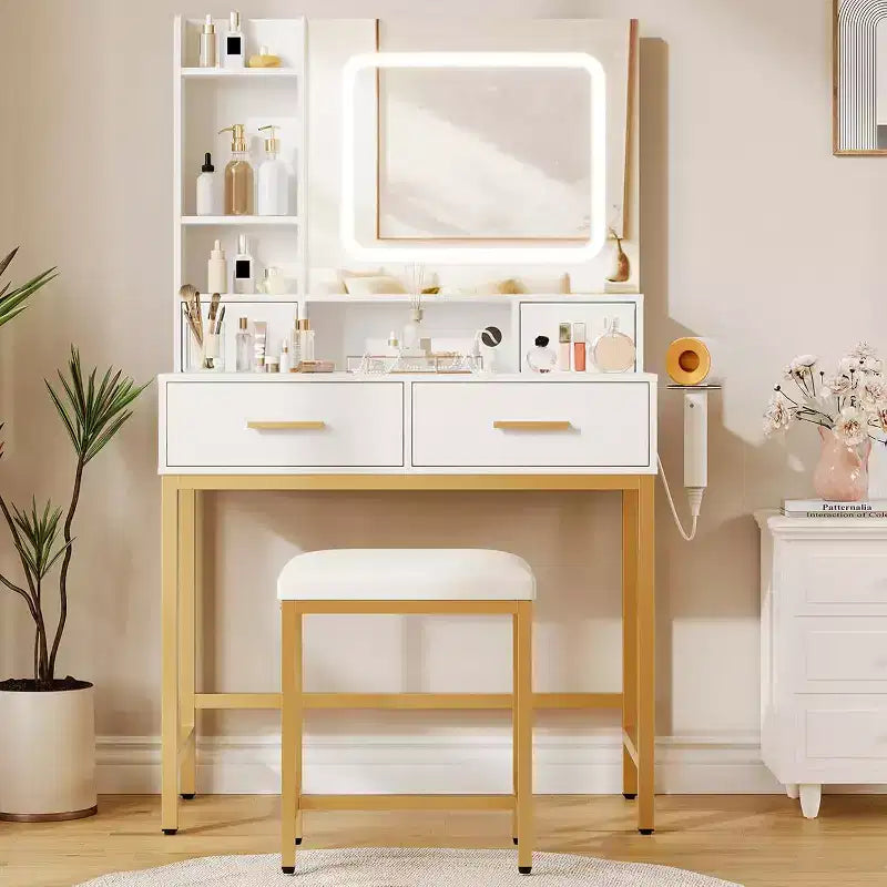 Makeup Vanity Desk with Mirror and Lights 3 Colors, Dressing Table with Chair, Makeup Table Set with 4 Drawers, Power Outlet & Storage Shelves