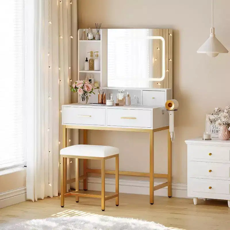 Tocador de maquillaje con espejo y luces de 3 colores, mesa de vestidor con silla, conjunto de mesa de maquillaje con 4 cajones, toma de corriente y estantes de almacenamiento