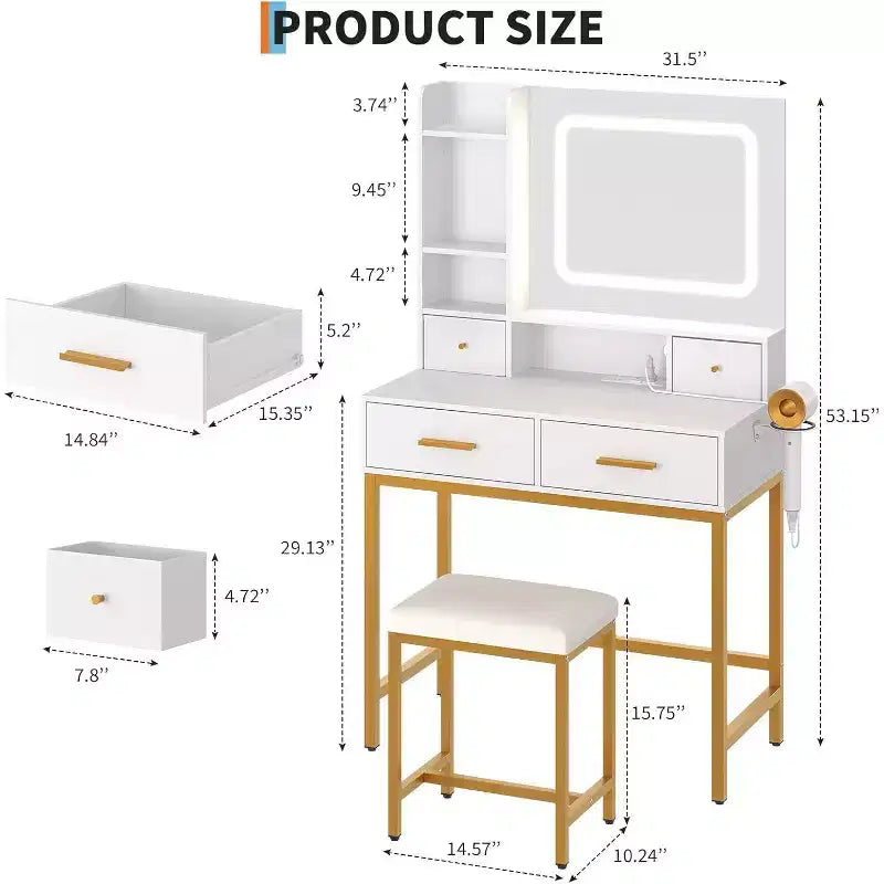 Tocador de maquillaje con espejo y luces de 3 colores, mesa de vestidor con silla, conjunto de mesa de maquillaje con 4 cajones, toma de corriente y estantes de almacenamiento