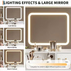 Tocador de maquillaje con espejo y luces de 3 colores, mesa de vestidor con silla, conjunto de mesa de maquillaje con 4 cajones, toma de corriente y estantes de almacenamiento