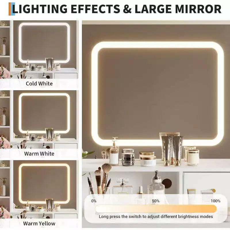 Tocador de maquillaje con espejo y luces de 3 colores, mesa de vestidor con silla, conjunto de mesa de maquillaje con 4 cajones, toma de corriente y estantes de almacenamiento