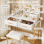 Tocador de maquillaje con espejo y luces de 3 colores, mesa de vestidor con silla, conjunto de mesa de maquillaje con 4 cajones, toma de corriente y estantes de almacenamiento