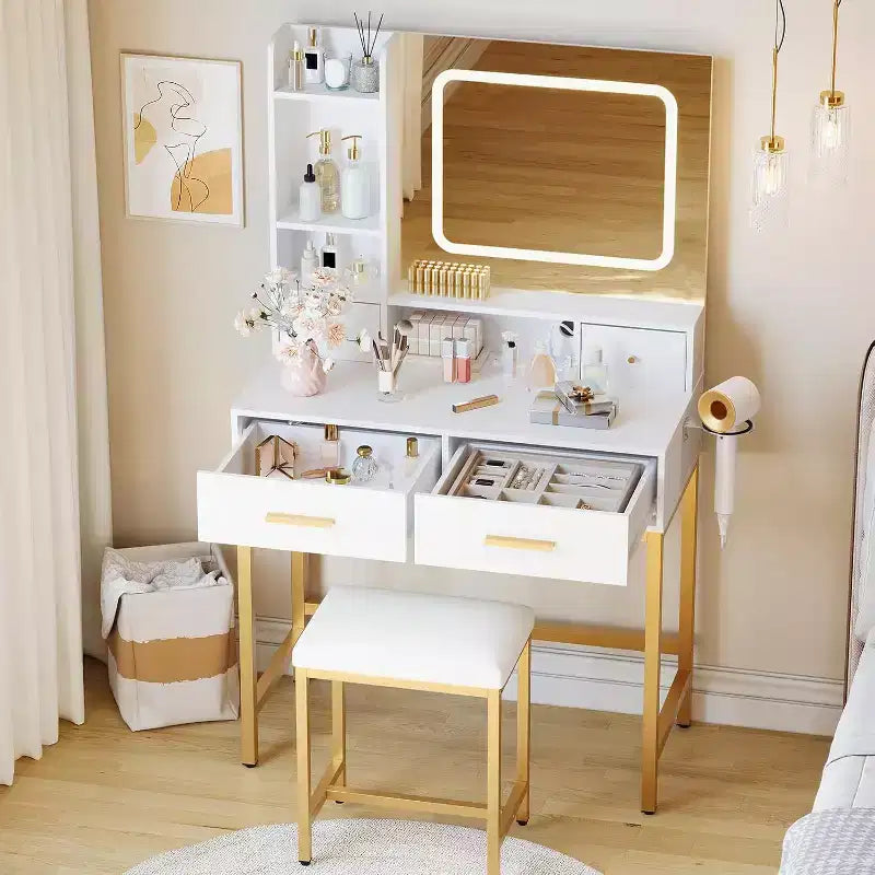 Tocador de maquillaje con espejo y luces de 3 colores, mesa de vestidor con silla, conjunto de mesa de maquillaje con 4 cajones, toma de corriente y estantes de almacenamiento