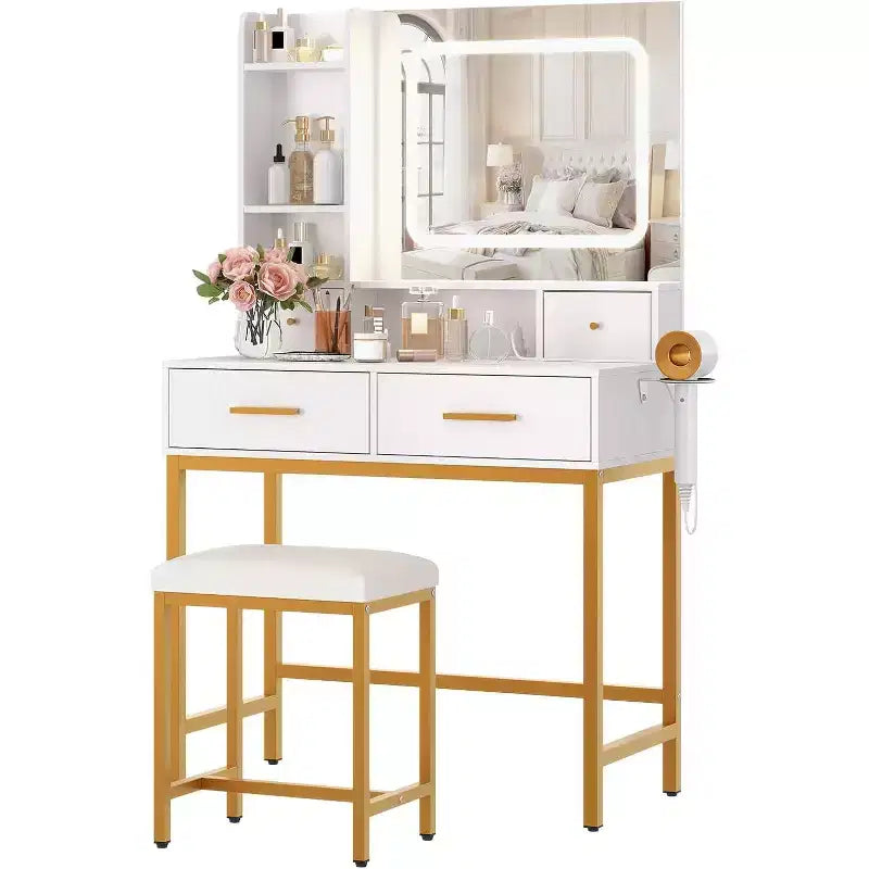Tocador de maquillaje con espejo y luces de 3 colores, mesa de vestidor con silla, conjunto de mesa de maquillaje con 4 cajones, toma de corriente y estantes de almacenamiento