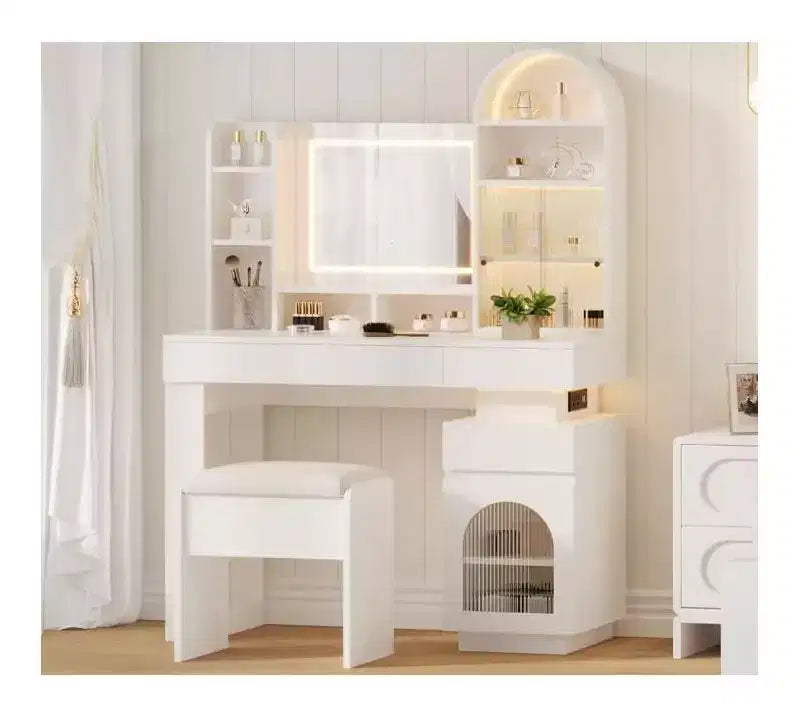 Makeup Vanity Desk with Mirror and Lights, Dressing Table with 3 Drawers and 11 Storage Shelves