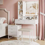 Acekool Makeup Vanity Desk with LED Mirror Lights, 5 Drawers, Removable Side Cabinet & Stool, White Vanity Set for Bedroom