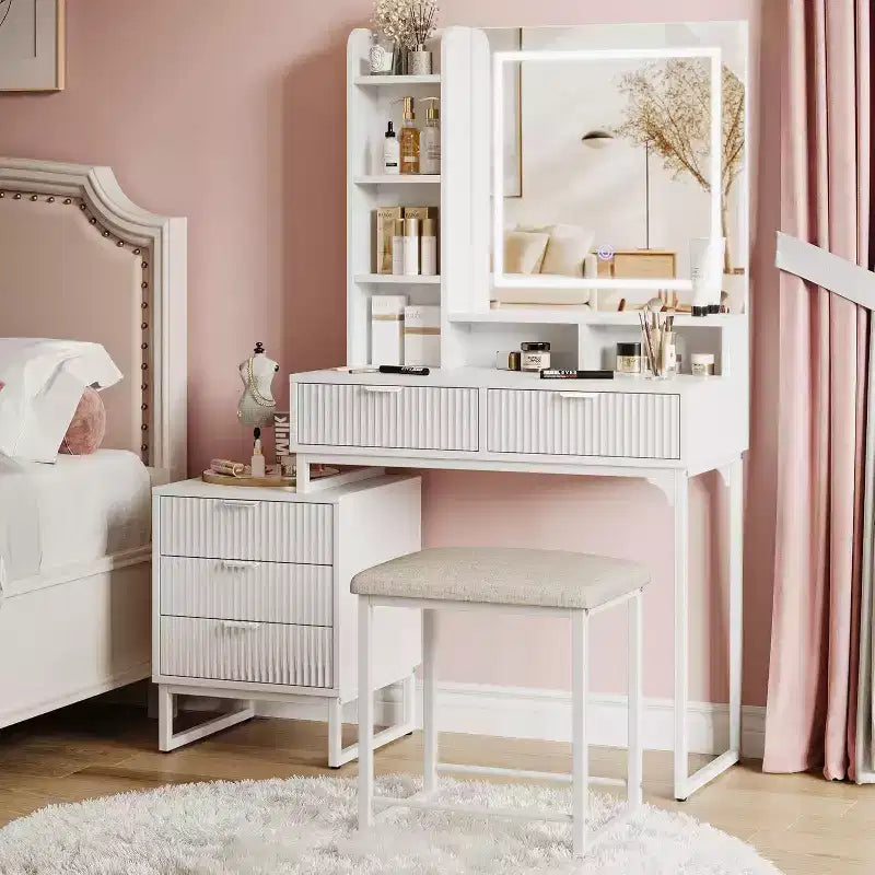 Acekool Makeup Vanity Desk with LED Mirror Lights, 5 Drawers, Removable Side Cabinet & Stool, White Vanity Set for Bedroom