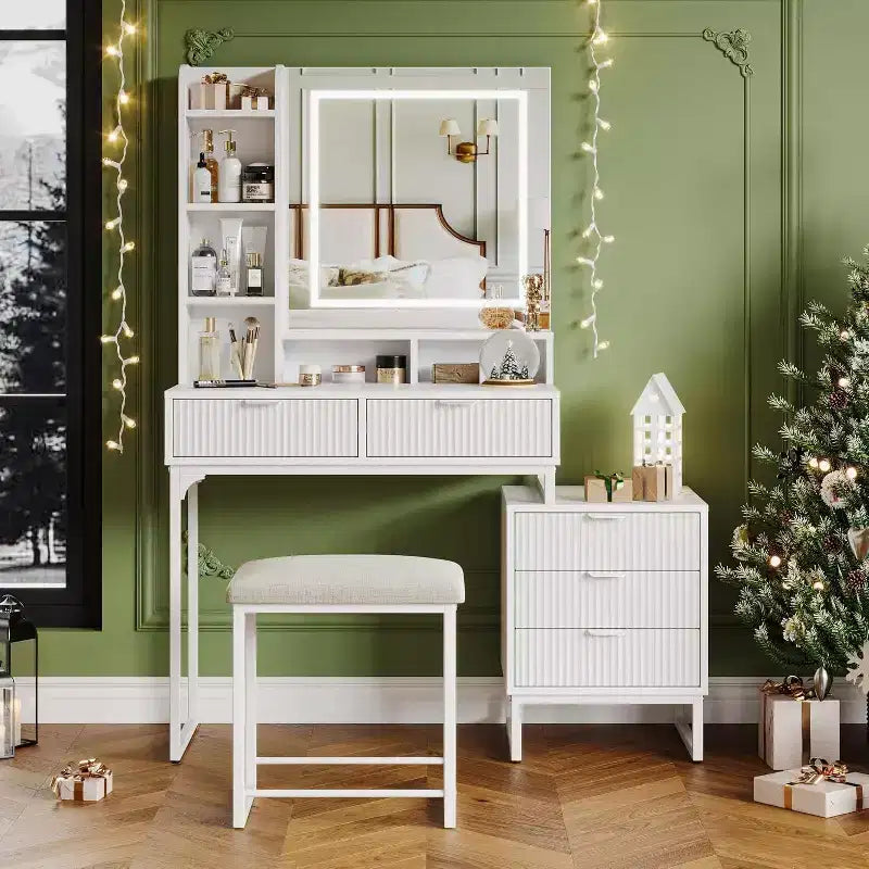 Acekool make-uptafel met ledspiegelverlichting, 5 laden, verwijderbare zijkast en kruk, witte make-upset voor de slaapkamer