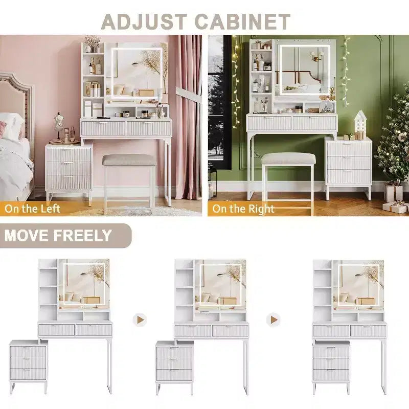 Acekool make-uptafel met ledspiegelverlichting, 5 laden, verwijderbare zijkast en kruk, witte make-upset voor de slaapkamer