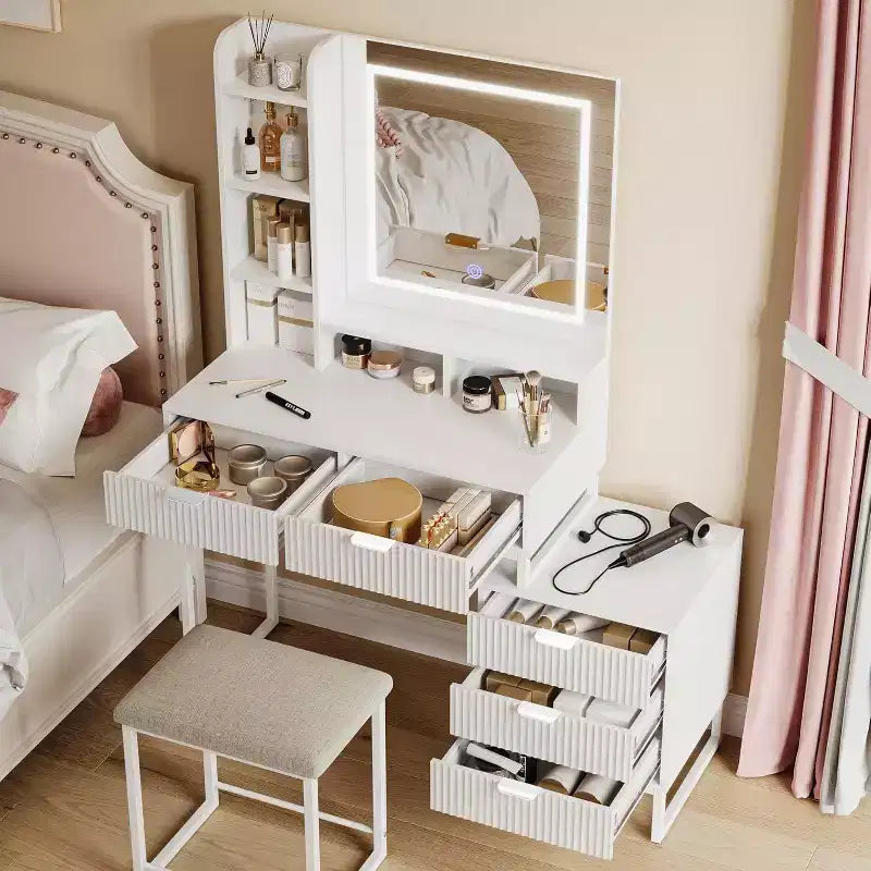 Acekool make-uptafel met ledspiegelverlichting, 5 laden, verwijderbare zijkast en kruk, witte make-upset voor de slaapkamer