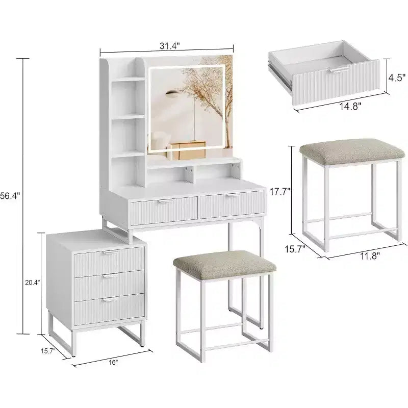 Acekool make-uptafel met ledspiegelverlichting, 5 laden, verwijderbare zijkast en kruk, witte make-upset voor de slaapkamer