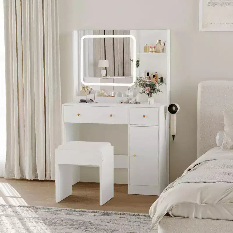 Schminktisch mit Spiegel, 37-W-Frisiertisch mit Schubladen und Hocker, moderner Schminktisch für kleine Schlafzimmer