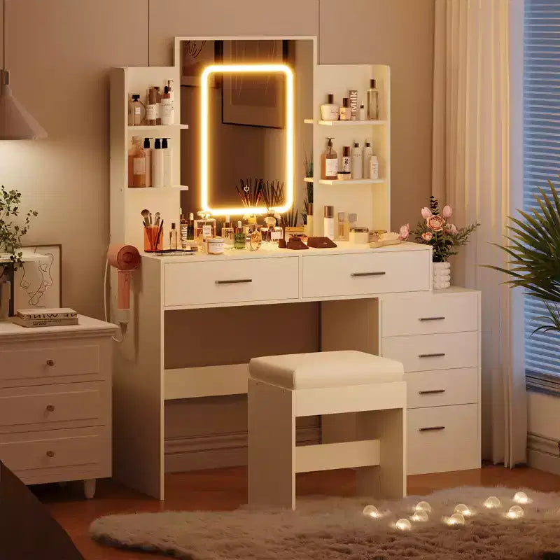 COZONY fésülködőasztal tükörrel és világítással, sminkasztal 6 fiókkal, polcokkal, töltőállomással, zsámollyal és 3 színben állítható világítással
