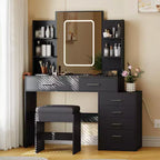 COZONY Vanity Desk with Mirror & Lights, Makeup Vanity Table with 6 Drawers, Shelves, Charging Station, Stool & 3-Color Adjustable Lighting