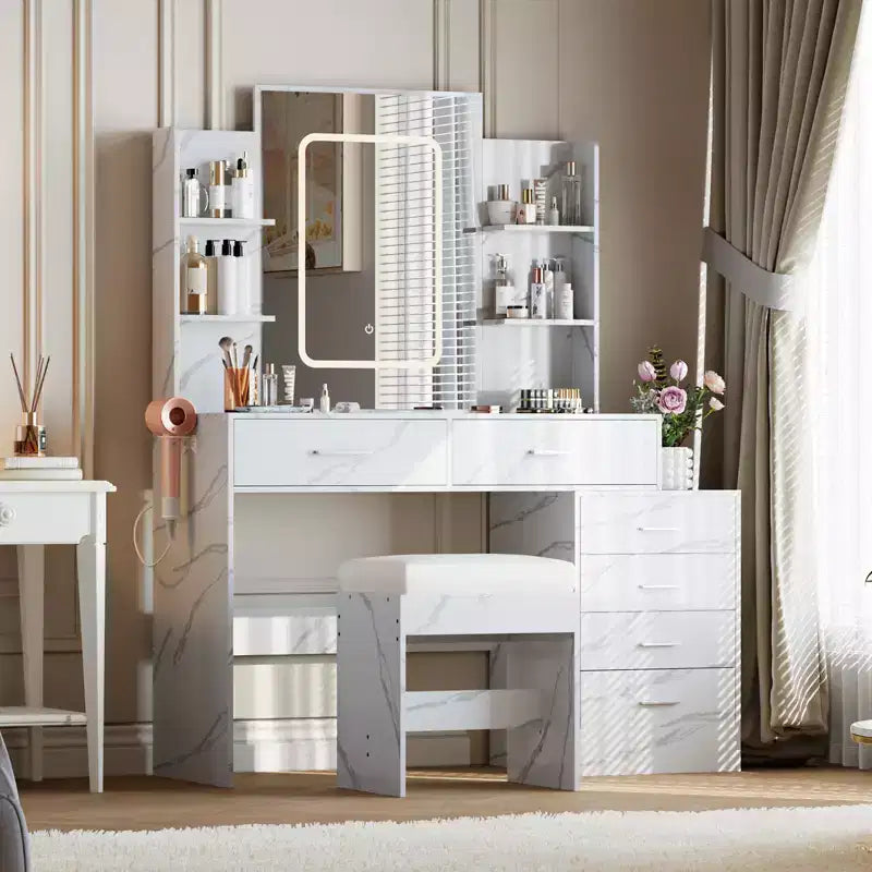 Escritorio de tocador COZONY con espejo y luces, mesa de tocador para maquillaje con 6 cajones, estantes, estación de carga, taburete e iluminación ajustable de 3 colores