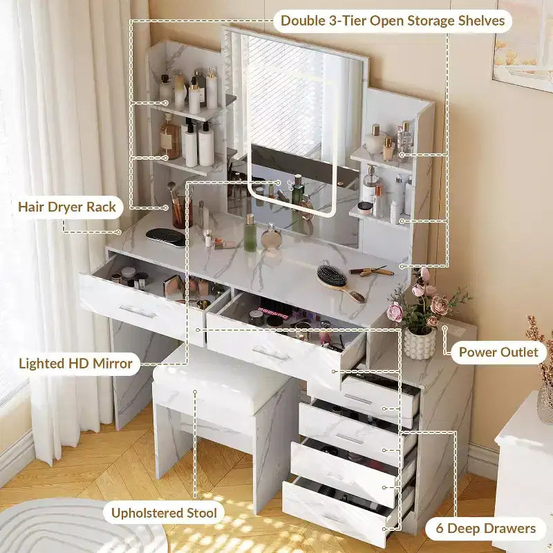 Make-uptafel met verlichte spiegel, oplaadstation, gewatteerde kruk, föhnrek en 3 verstelbare verlichtingsstanden voor de slaapkamer