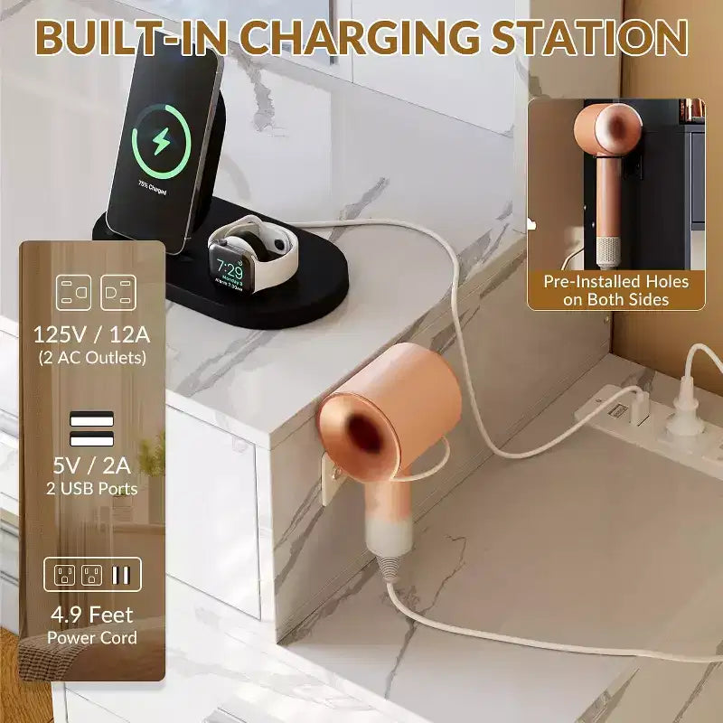 Make-uptafel met verlichte spiegel, oplaadstation, gewatteerde kruk, föhnrek en 3 verstelbare verlichtingsstanden voor de slaapkamer