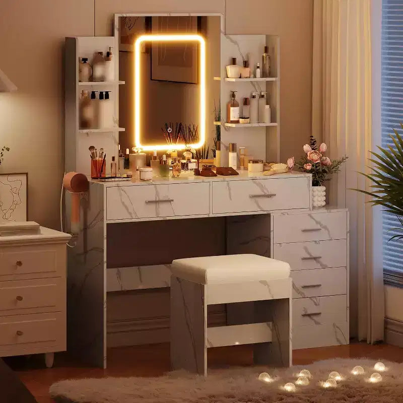 Make-uptafel met verlichte spiegel, oplaadstation, gewatteerde kruk, föhnrek en 3 verstelbare verlichtingsstanden voor de slaapkamer