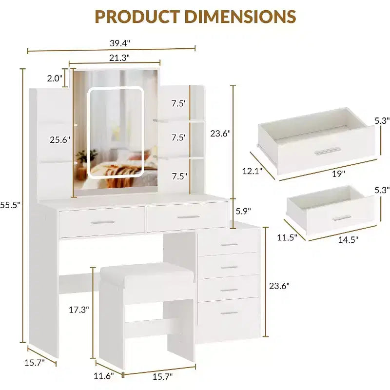 Make-uptafel met verlichte spiegel, oplaadstation, gewatteerde kruk, föhnrek en 3 verstelbare verlichtingsstanden voor de slaapkamer