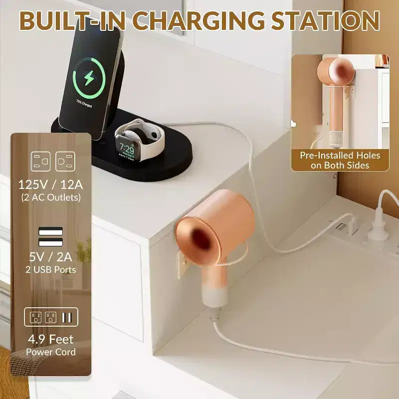 Make-uptafel met verlichte spiegel, oplaadstation, gewatteerde kruk, föhnrek en 3 verstelbare verlichtingsstanden voor de slaapkamer