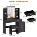 Make-uptafel met verlichte spiegel, oplaadstation, gewatteerde kruk, föhnrek en 3 verstelbare verlichtingsstanden voor de slaapkamer