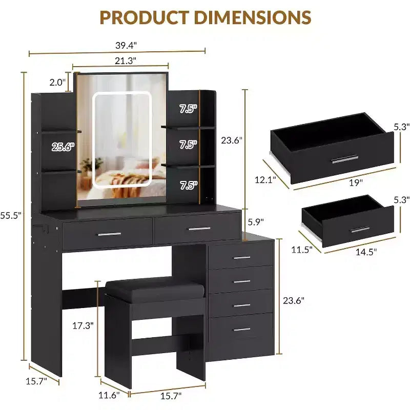 Make-uptafel met verlichte spiegel, oplaadstation, gewatteerde kruk, föhnrek en 3 verstelbare verlichtingsstanden voor de slaapkamer