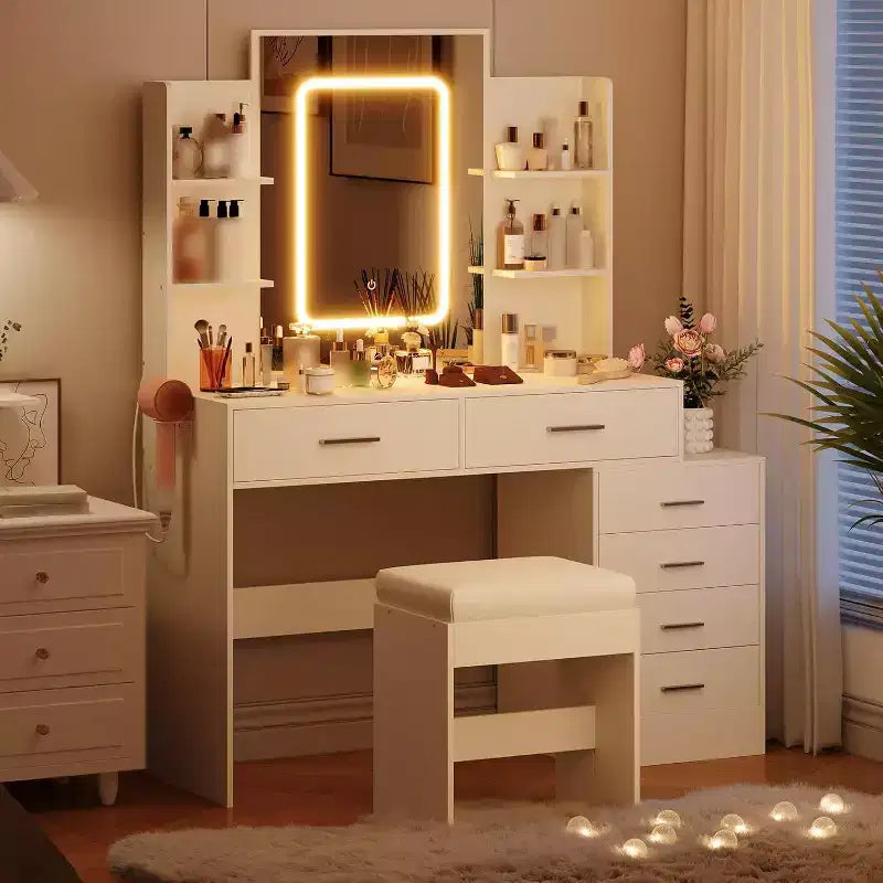 Make-uptafel met verlichte spiegel, oplaadstation, gewatteerde kruk, föhnrek en 3 verstelbare verlichtingsstanden voor de slaapkamer