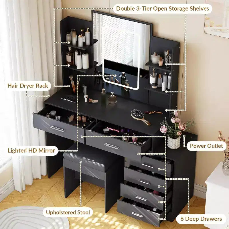 Make-uptafel met verlichte spiegel, oplaadstation, gewatteerde kruk, föhnrek en 3 verstelbare verlichtingsstanden voor de slaapkamer