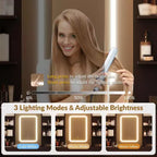 Make-uptafel met verlichte spiegel, oplaadstation, gewatteerde kruk, föhnrek en 3 verstelbare verlichtingsstanden voor de slaapkamer