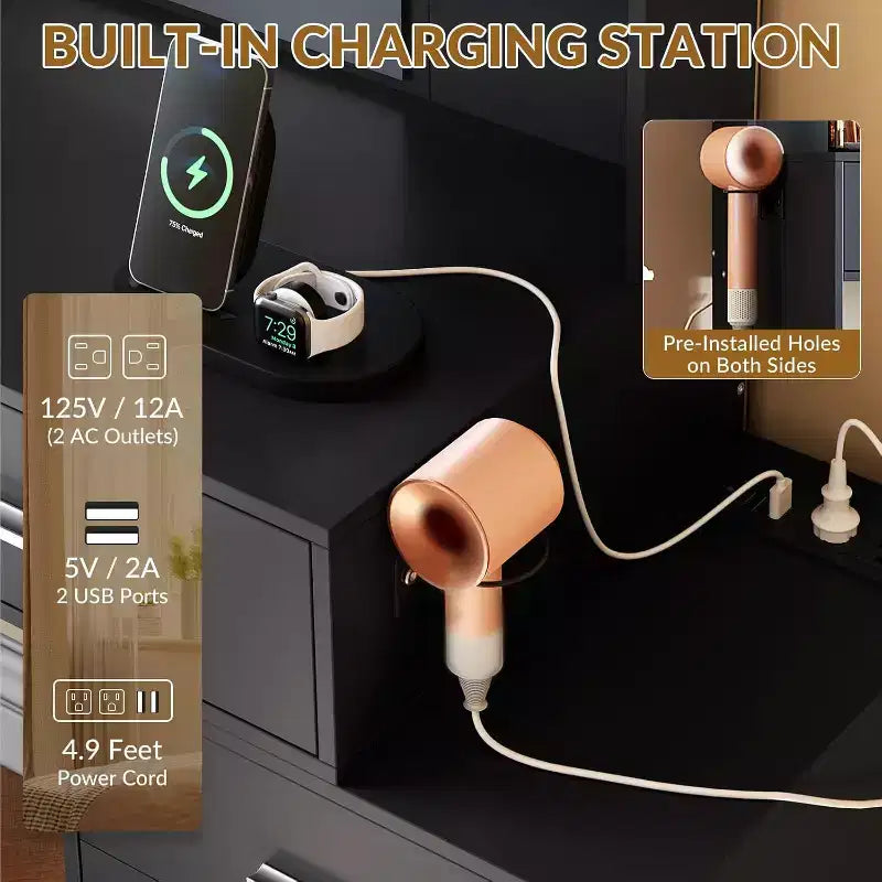 Make-uptafel met verlichte spiegel, oplaadstation, gewatteerde kruk, föhnrek en 3 verstelbare verlichtingsstanden voor de slaapkamer