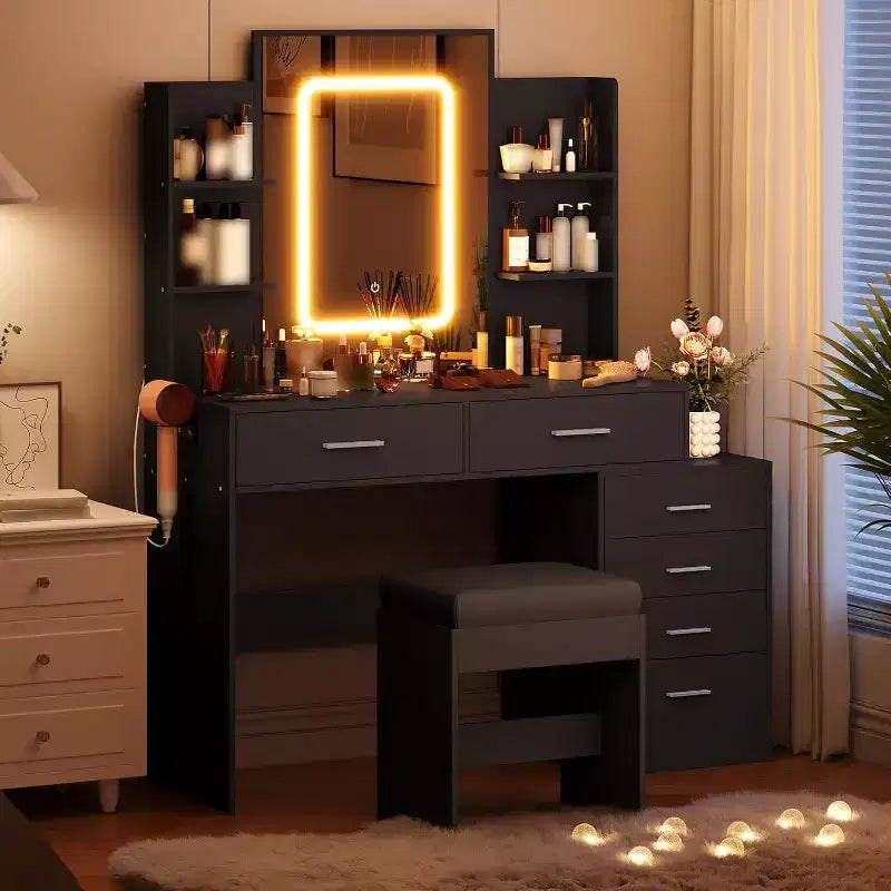 Make-uptafel met verlichte spiegel, oplaadstation, gewatteerde kruk, föhnrek en 3 verstelbare verlichtingsstanden voor de slaapkamer