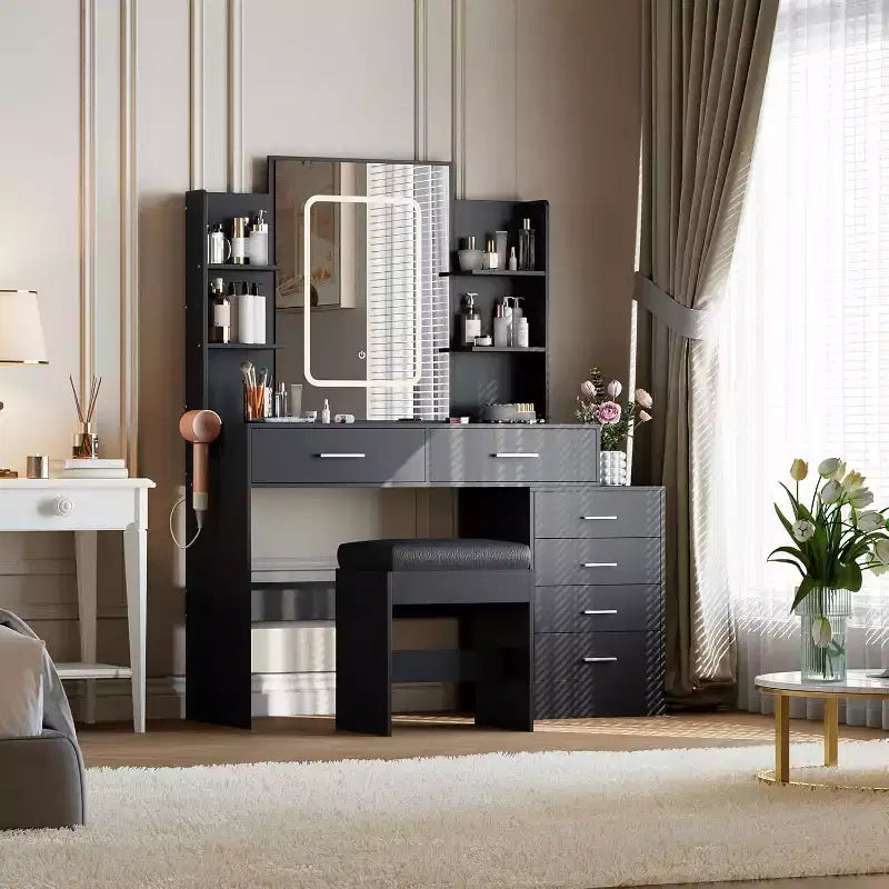 Make-uptafel met verlichte spiegel, oplaadstation, gewatteerde kruk, föhnrek en 3 verstelbare verlichtingsstanden voor de slaapkamer