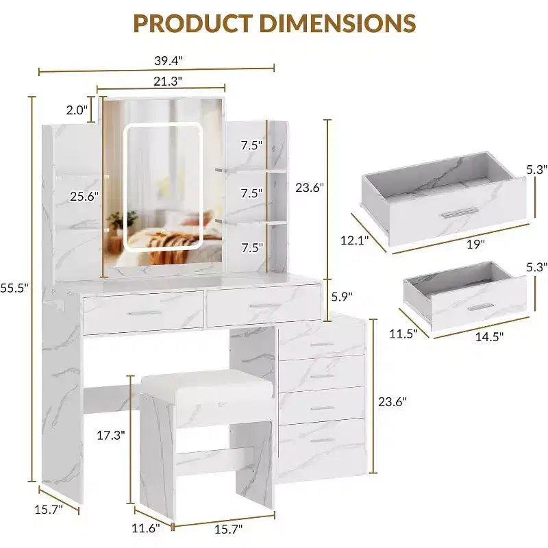 Make-uptafel met verlichte spiegel, oplaadstation, gewatteerde kruk, föhnrek en 3 verstelbare verlichtingsstanden voor de slaapkamer