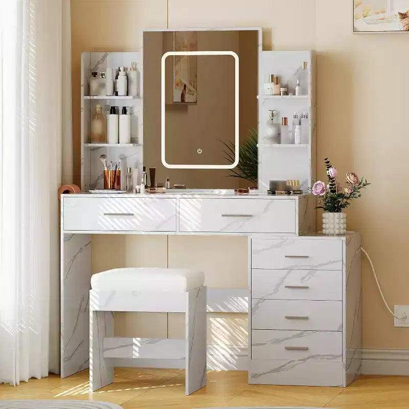 Tocador de maquillaje con espejo iluminado, estación de carga, taburete acolchado, soporte para secador de pelo y 3 modos de iluminación; mesa de vestidor ajustable para dormitorio