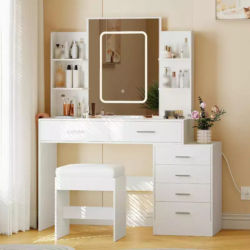Tocador de maquillaje con espejo iluminado, estación de carga, taburete acolchado, soporte para secador de pelo y 3 modos de iluminación; mesa de vestidor ajustable para dormitorio
