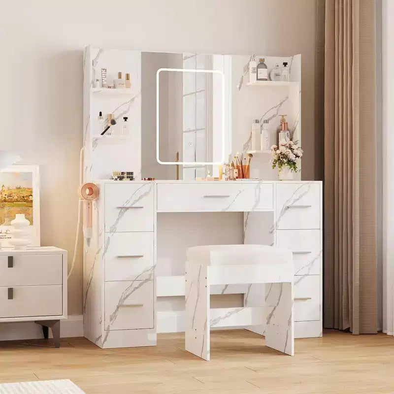 COZONY Schminktisch mit Beleuchtung, Spiegel und Stuhl – Schminktisch mit 7 Schubladen, 6 Regalen und einstellbarer Beleuchtung