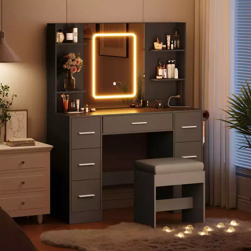COZONY Schminktisch mit Beleuchtung, Spiegel und Stuhl – Schminktisch mit 7 Schubladen, 6 Regalen und einstellbarer Beleuchtung