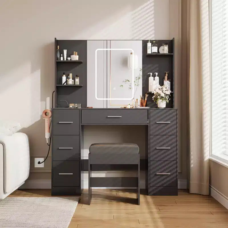 COZONY Schminktisch mit Beleuchtung, Spiegel und Stuhl – Schminktisch mit 7 Schubladen, 6 Regalen und einstellbarer Beleuchtung