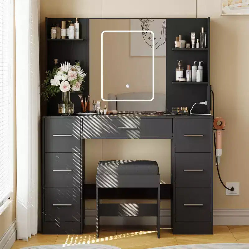COZONY Vanity Desk with Lights, Mirror & Chair - Makeup Vanity Table with 7 Drawers, 6 Shelves & Adjustable Lighting