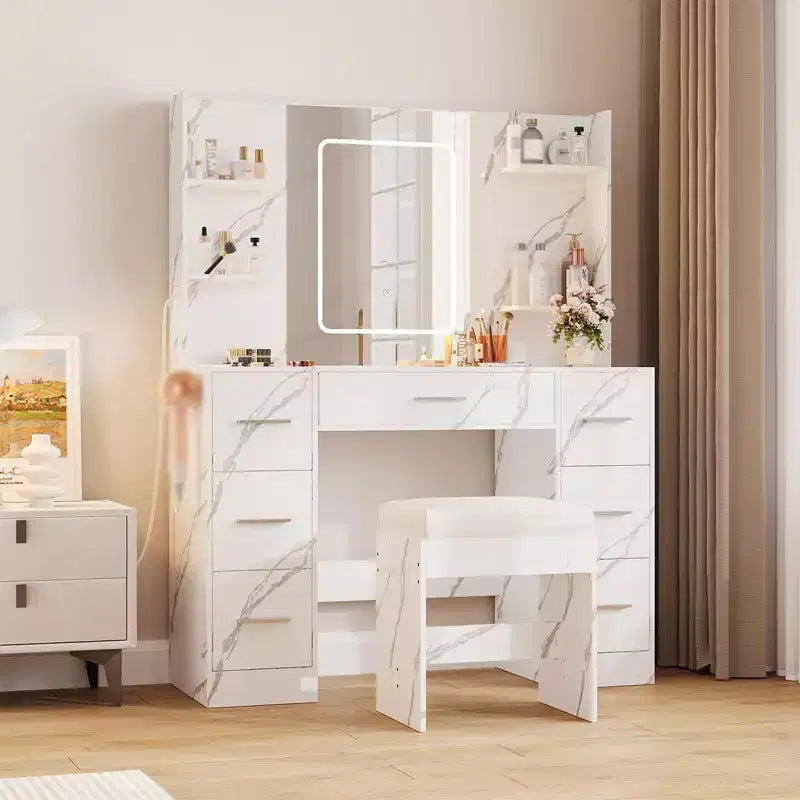 Tocador COZONY con luces, espejo y silla; mesa de maquillaje con 7 cajones, 6 estantes e iluminación ajustable
