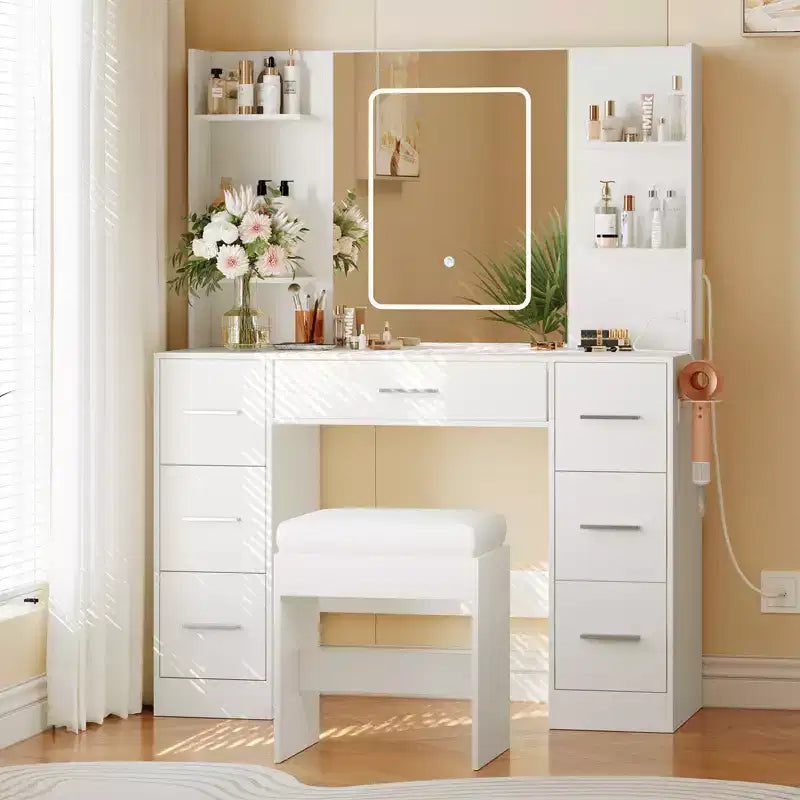 Tocador COZONY con luces, espejo y silla; mesa de maquillaje con 7 cajones, 6 estantes e iluminación ajustable