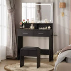 COZONY Vanity Desk with Mirror & Lights, Makeup Vanity with Cushioned Stool & 2 Drawers - Modern Dressing Table