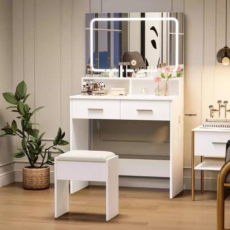 Tocador COZONY con espejo y luces, tocador de maquillaje con taburete acolchado y 2 cajones; mesa de vestidor moderna