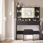 COZONY-Schminktisch mit beleuchtetem Spiegel und Hocker, ausziehbarer Schminktisch mit Aufbewahrungsregalböden und Schubladen