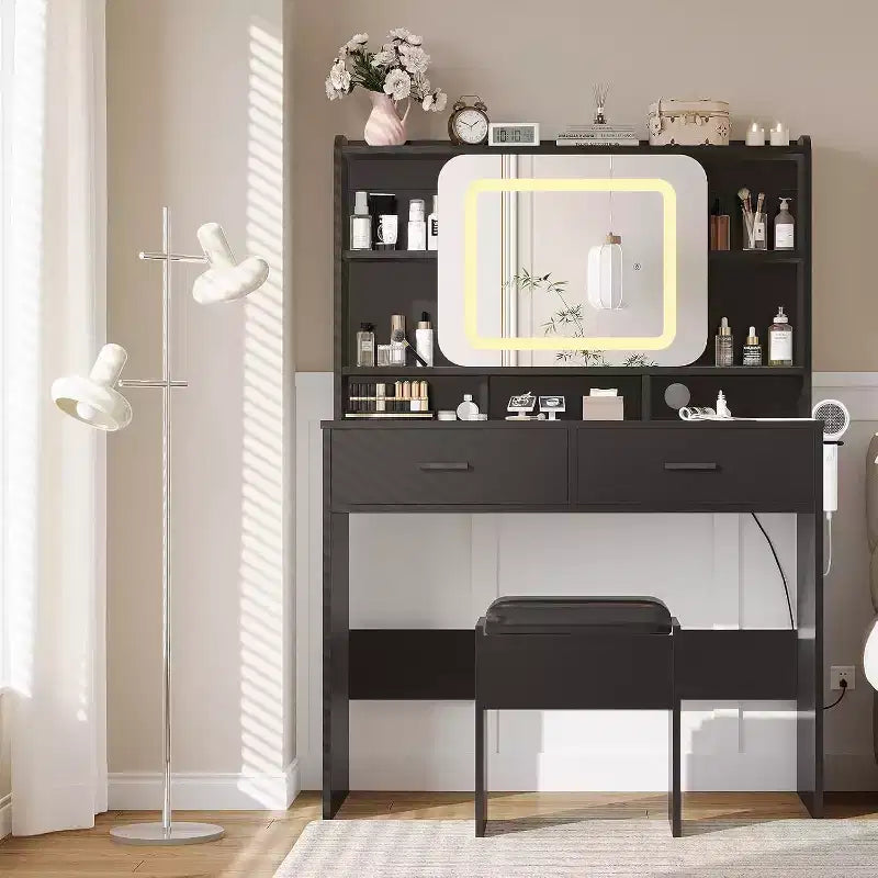 COZONY-Schminktisch mit beleuchtetem Spiegel und Hocker, ausziehbarer Schminktisch mit Aufbewahrungsregalböden und Schubladen