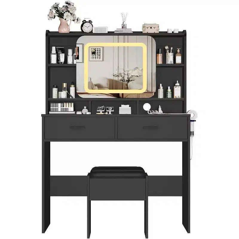 COZONY Vanity Desk with Lighted Mirror and Stool, Sliding Makeup Table with Storage Shelves and Drawers