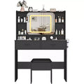 COZONY Vanity Desk with Lighted Mirror and Stool, Sliding Makeup Table with Storage Shelves and Drawers