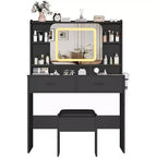 COZONY Vanity Desk with Lighted Mirror and Stool, Sliding Makeup Table with Storage Shelves and Drawers