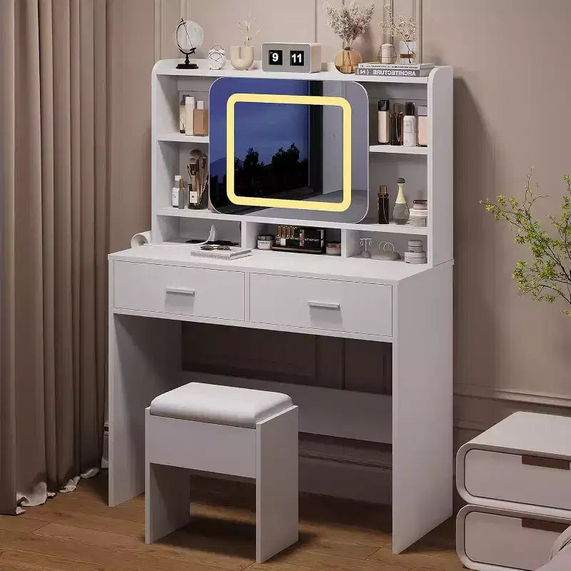 Tocador COZONY con espejo iluminado y taburete, mesa de maquillaje deslizante con estantes y cajones de almacenamiento