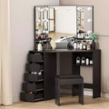 COZONY Vanity Desk with Mirror and Lights, Corner Vanity Set with 3 Lighting Options, 5 Drawers, Shelves & Cushioned Stool, Black